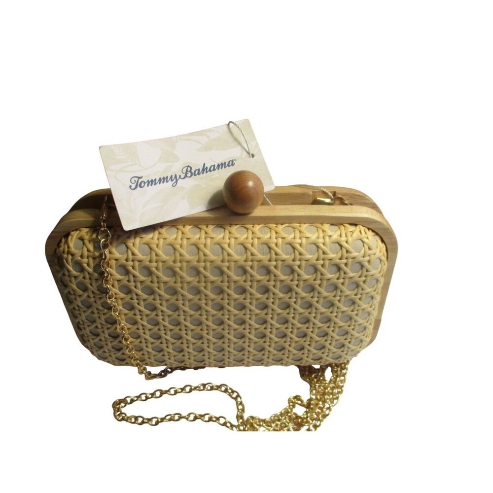 *Tommy Bahama Woven Rattan Clutch w Gold Chain Strap Wooden Knob Kiss Closure